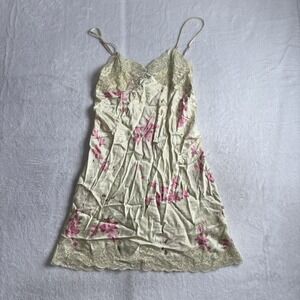 Y2K Lilly Wicket Yellow Floral Sheer Lace Silk Slip Dress Women's Medium Grunge‎